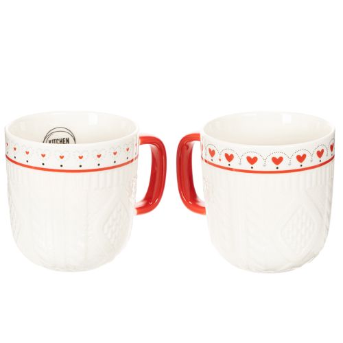 Ceramic Coffee Mug Set with Red Handle, Knit Pattern, and Heart Design, 9cm, 2pcs | Floristik24.co.uk