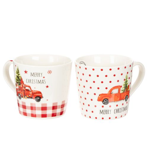 Set of 2 Christmas Ceramic Mugs with Red Car and Tree Design, 10cm