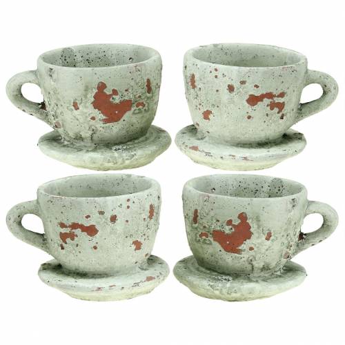 Floristik24 Plant pot cachepot cup with saucer vintage grey, natural clay Ø8cm H6.5cm 4 pieces