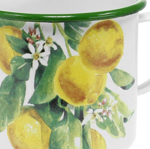 Product Enamel planter cup, decorative cup with lemon branch, Mediterranean planter Ø9.5cm H10cm