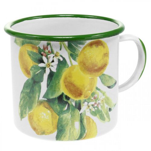 Product Enamel planter cup, decorative cup with lemon branch, Mediterranean planter Ø9.5cm H10cm