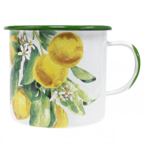 Product Enamel planter cup, decorative cup with lemon branch, Mediterranean planter Ø9.5cm H10cm