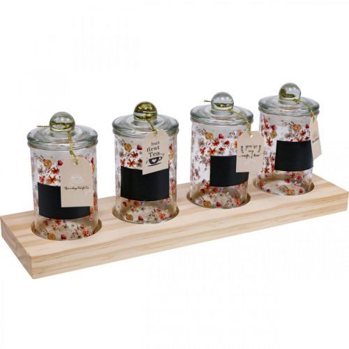 Floristik24 Tea jars glass jar with lid spice jars 4pcs on tray