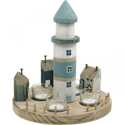 Floristik24 Lighthouse tea light holder blue, white 4 tea lights Ø25cm H28cm