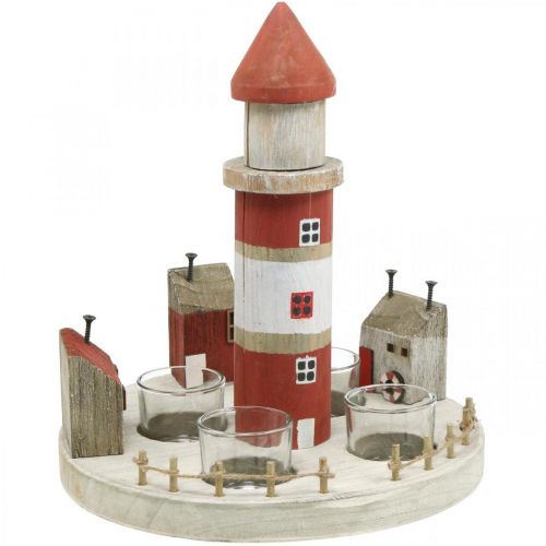 Lighthouse tea light holder red, white 4 tea lights Ø25cm H28m