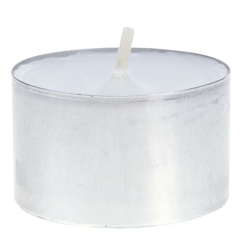 Product Tealights 75 pieces white in an aluminum bowl burning time 8 hours