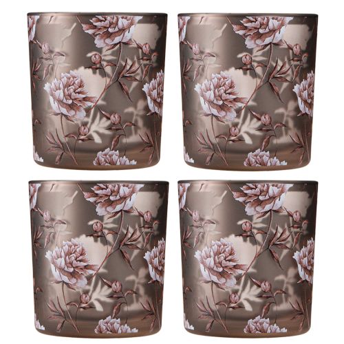 Product Tealight Glass Table Decoration Carnations Brown Silver H8cm 4 Pcs