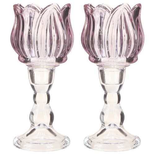 Product Tealight glass tulip tealight holder glass purple Ø7cm H16cm 2pcs