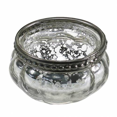 Tealight glass antique silver with metal rim Ø6cm H3.5cm