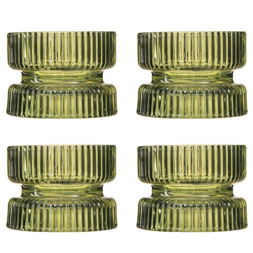 Product Tealight Holder Glass Decoration Ribbed Green Ø9cm H7cm 4 pcs