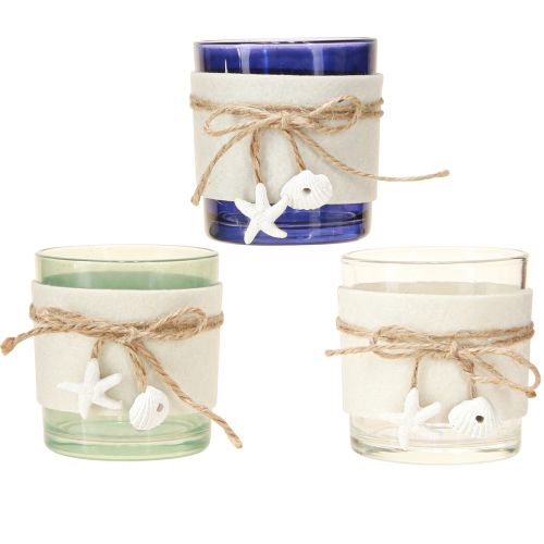 Product Tealight holder glass maritime tealight blue green white 7.5cm 3pcs