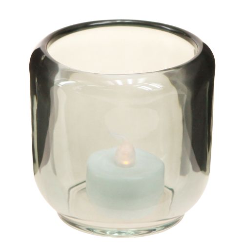 Product Tealight holder glass in grey grooves decor 8cm 6 pcs