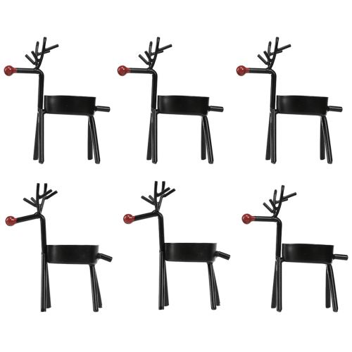 Product Tealight holder metal reindeer with red nose black 11.5cm 6pcs