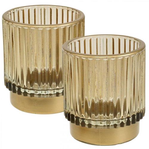 Floristik24 Lantern glass ribbed tealight holder gold H8cm 2pcs