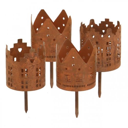 Floristik24 Tealight holder house metal rust little house to stick Ø6,5cm 4pcs