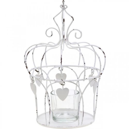 Tea light holder crown with hearts shabby chic white Ø14cm H22cm