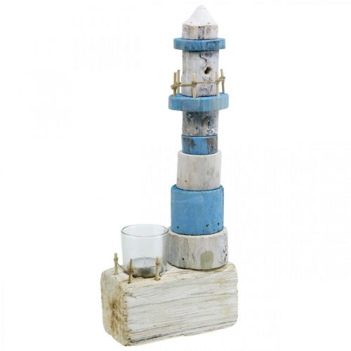 Wooden lighthouse with tea light glass maritime decoration blue, white H38cm