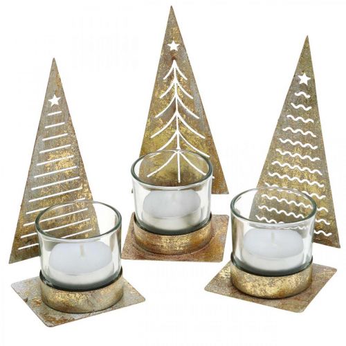 Floristik24 Tealight holder Christmas tree metal, glass lantern H15cm 3pcs