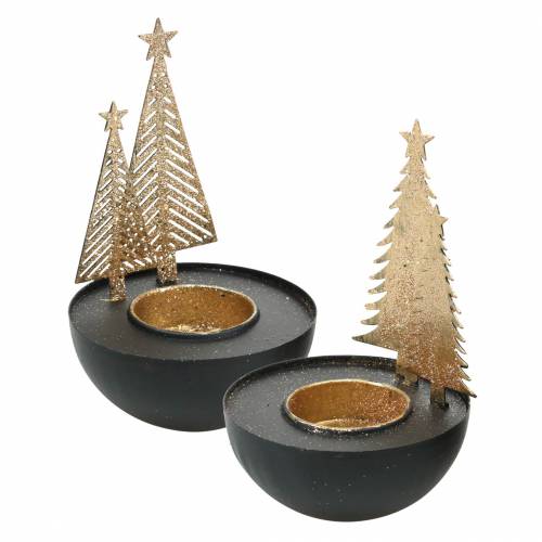 Floristik24 Tea light holder Christmas fir glitter black, golden Ø8.5cm 2pcs