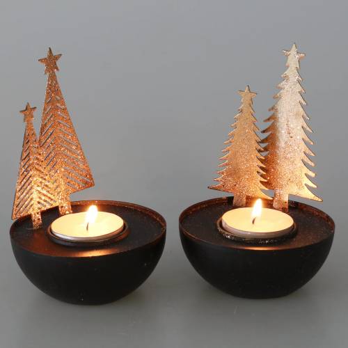 Floristik24 Tea light holder Christmas fir glitter black, golden Ø8.5cm 2pcs
