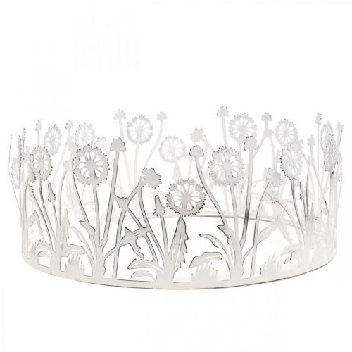 Product Decorative tray with dandelions, metal decoration for spring white, silver shabby chic Ø25cm H10.5cm