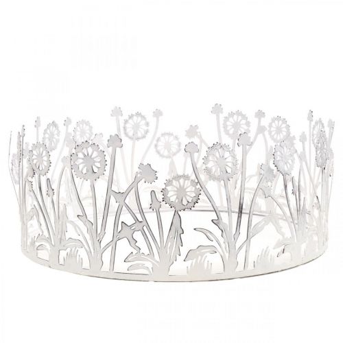 Floristik24 Decorative tray with dandelions, metal decoration for spring white, silver shabby chic Ø25cm H10.5cm