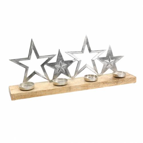 Floristik24 Candlestick star silhouette on wooden base silver, natural metal, mango wood 35cm × 14cm