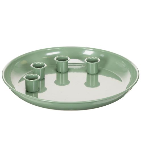 **Green Metal Advent Wreath Plate with Four Candle Holders 24 cm**

```html
<h2>Green Metal Advent Wreath Plate for Seasonal Candle Displays</h2>

<p>
This green metal advent wreath plate features four integrated candle holders, perfect for taper candles  buy online | Floristik24.co.uk