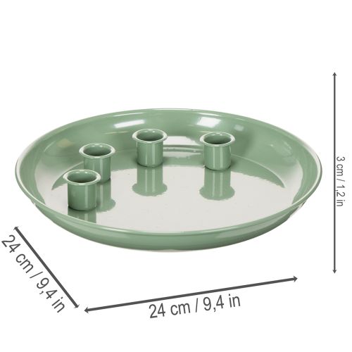 **Green Metal Advent Wreath Plate with Four Candle Holders 24 cm**

```html
<h2>Green Metal Advent Wreath Plate for Seasonal Candle Displays</h2>

<p>
This green metal advent wreath plate features four integrated candle holders, perfect for taper candles  | Floristik24.co.uk