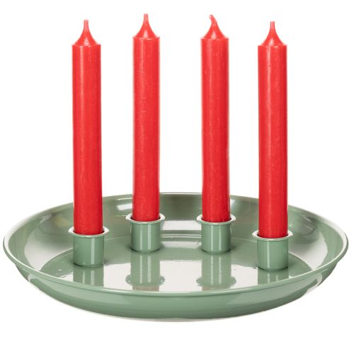 **Green Metal Advent Wreath Plate with Four Candle Holders 24 cm**

```html
<h2>Green Metal Advent Wreath Plate for Seasonal Candle Displays</h2>

<p>
This green metal advent wreath plate features four integrated candle holders, perfect for taper candles  | Floristik24.co.uk