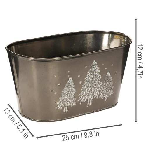 Oval Zinc Planter with Embossed Christmas Tree Design, 25cm, Silver | Floristik24.co.uk