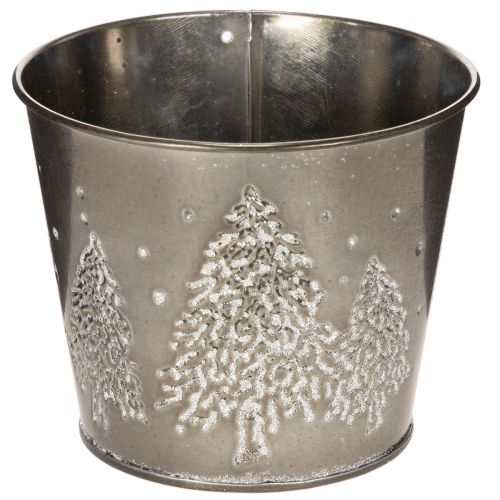 Metal Planter with Glitter Tree Motif, 13cm, Silver