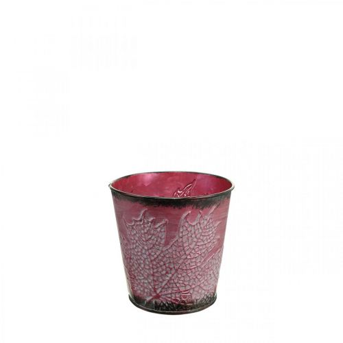 Product Planter with leaf decoration, metal vessel, autumn, plant pot wine red Ø10cm H10cm