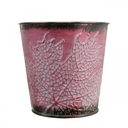 Product Planter with leaf decoration, metal vessel, autumn, plant pot wine red Ø10cm H10cm