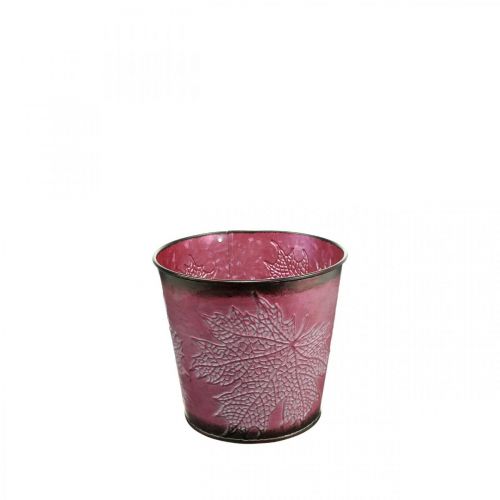 Product Decorative pot for planting, tin bucket, metal decoration with leaf pattern wine red Ø14cm H12.5cm