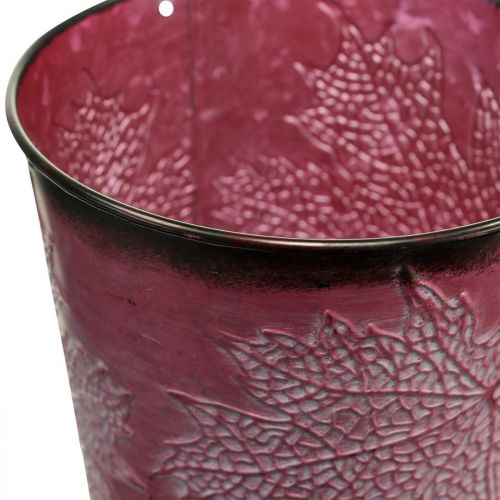 Product Decorative pot for planting, tin bucket, metal decoration with leaf pattern wine red Ø14cm H12.5cm