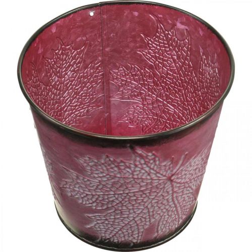Product Decorative pot for planting, tin bucket, metal decoration with leaf pattern wine red Ø14cm H12.5cm