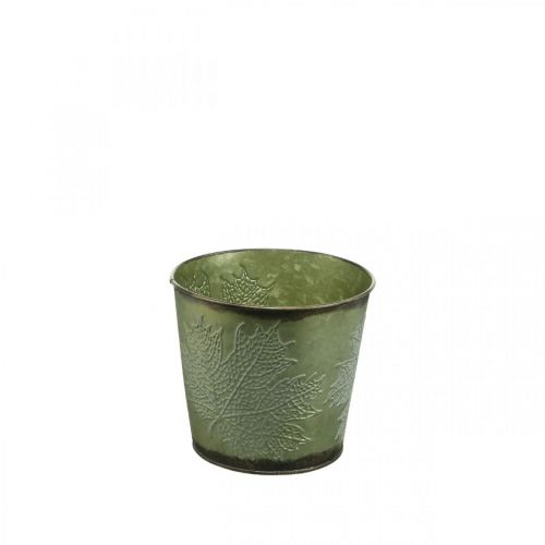 Planter for autumn, planter with leaf decoration, metal bucket green Ø14cm H12.5cm