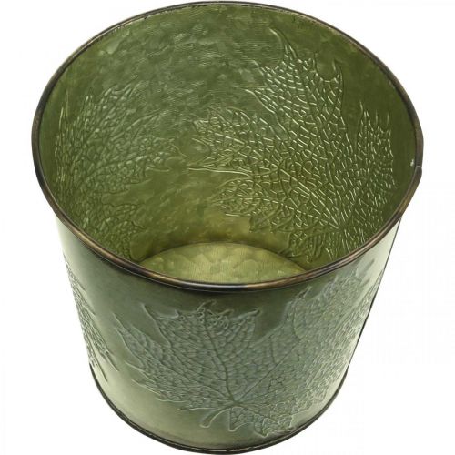 Product Planter with leaf decoration, metal vessel for autumn, green plant bucket Ø10cm H10cm