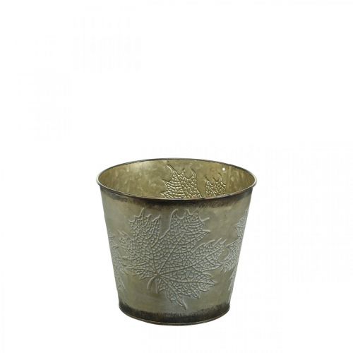 Product Planter for autumn, metal bucket with leaf decoration, golden metal vessel Ø14cm H12.5cm