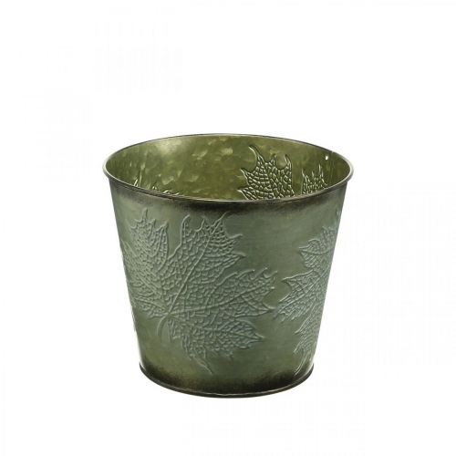 Product Decorative bucket with leaf decoration, autumn pot, metal decoration green Ø17cm H14.5cm