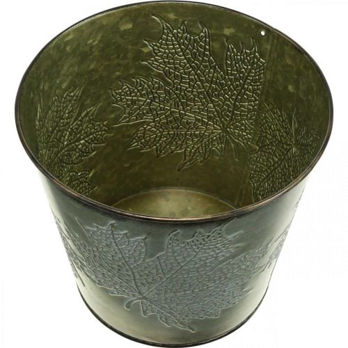 Product Decorative bucket with leaf decoration, autumn pot, metal decoration green Ø17cm H14.5cm
