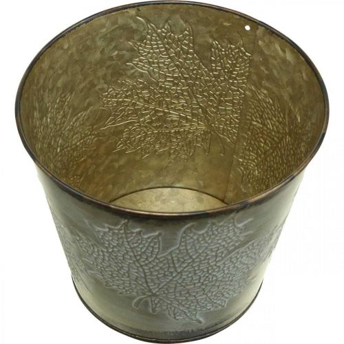 Product Planter for autumn, metal bucket with leaf decoration, golden metal vessel Ø14cm H12.5cm