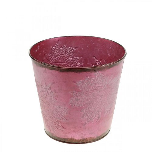 Floristik24 Planter, metal bucket with leaves, autumn decoration wine red Ø18cm H17cm