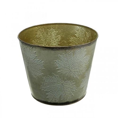 Product Plant pot, autumn decoration, metal vessel with leaves golden Ø25.5cm H22cm