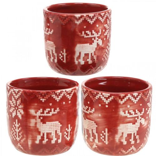 Ceramic decoration with reindeer, Advent decoration, planter with Norwegian pattern red / white Ø7.5cm H7cm 6pcs