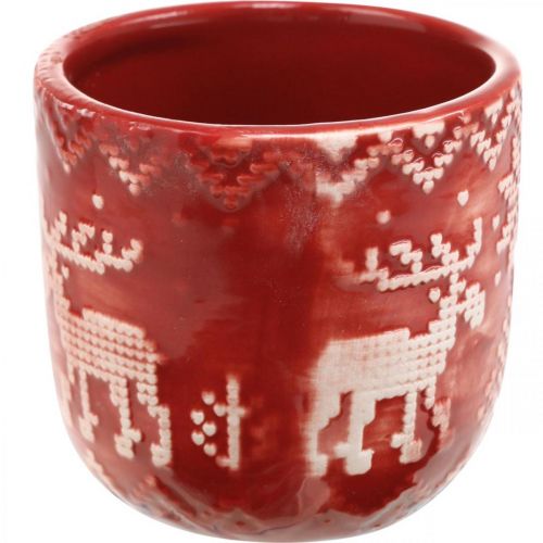 Product Ceramic decoration with reindeer, Advent decoration, planter with Norwegian pattern red / white Ø7.5cm H7cm 6pcs