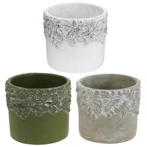 Product Ceramic vessel, flower pot with oak decor, plant pot green / white / gray Ø13cm H11.5cm set of 3