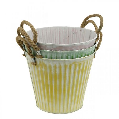 Product Decorative pot, metal bucket for planting, planter with handles, pink/green/yellow shabby chic Ø14.5cm H13cm set of 3