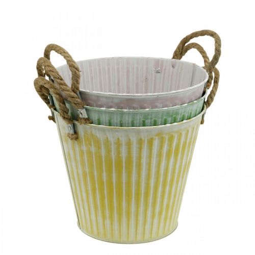 Floristik24 Decorative pot, metal bucket for planting, planter with handles, pink/green/yellow shabby chic Ø14.5cm H13cm set of 3